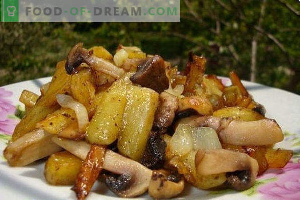 Cum să prăjiți cartofii într-o tigaie cu o crustă de aur, ceapă, carne, ciuperci