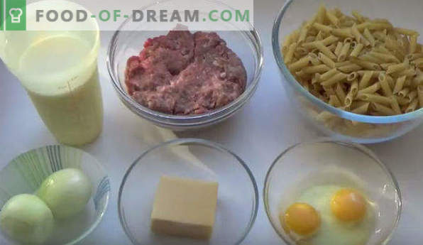 Pastă Caserola cu carne tocată în cuptor, cu brânză, legume, pas cu pas
