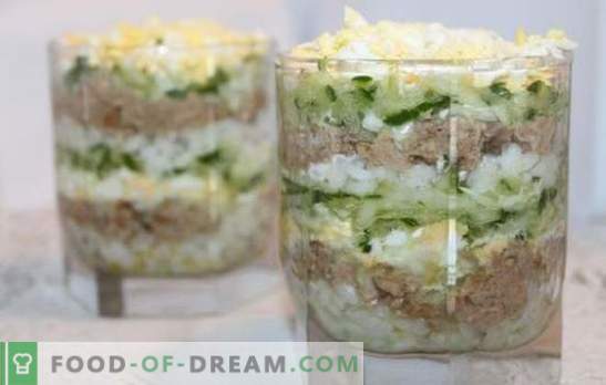 Salată de ficat de cod cu orez - opțiuni de gătit pentru o gustare sănătoasă. Rețete pentru salata de ficat de cod cu orez: simplu și stratificat