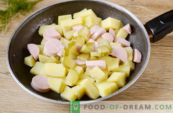 Cartofi fierți cu un ou într-o tigaie - o farfurie nutritivă a 